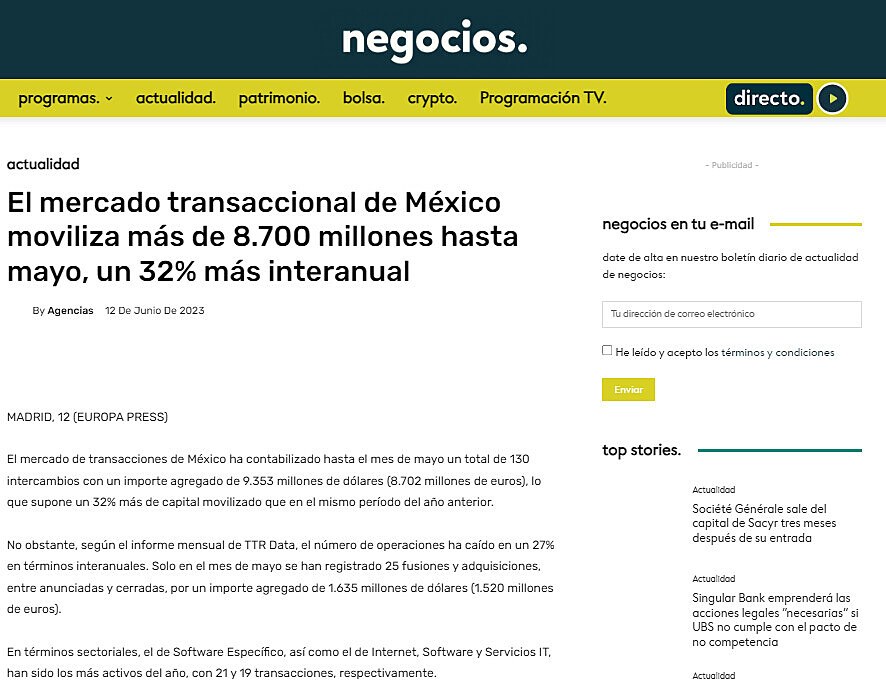 El mercado transaccional de Mxico moviliza ms de 8.700 millones hasta mayo, un 32% ms interanual